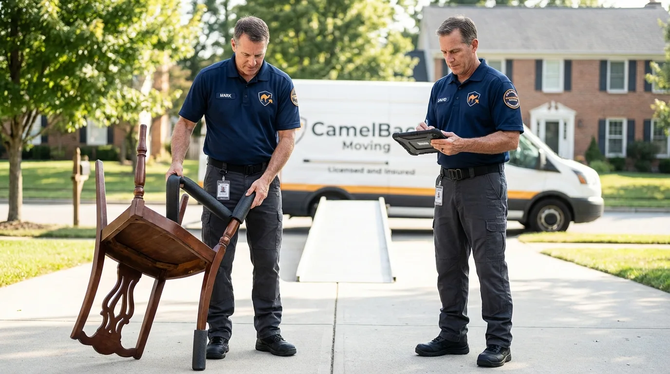 Movers inspecting furniture for damage prevention before loading in Brockport, NY