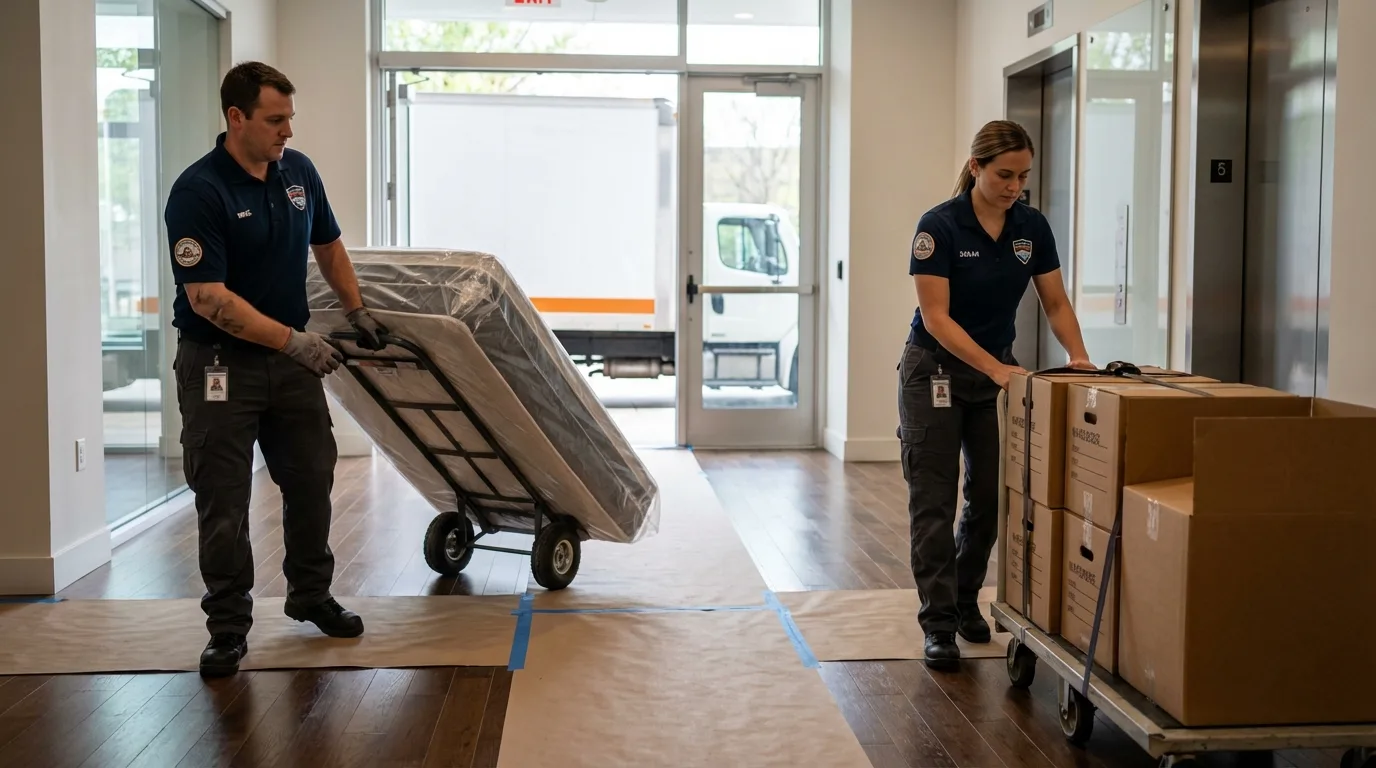 Professional apartment movers loading elevator in Brockport, NY