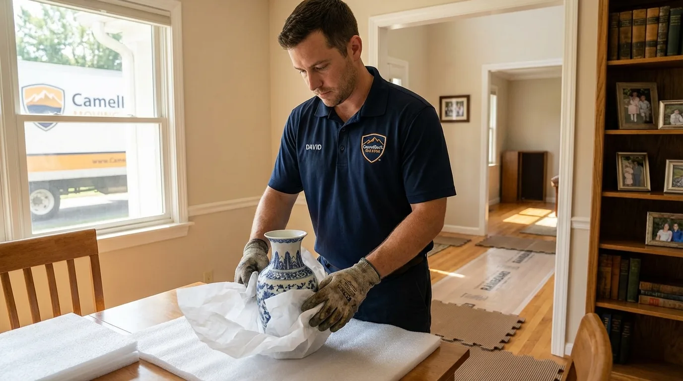 Professional crew carefully wrapping antique vase for senior downsizing move in Brockport, NY
