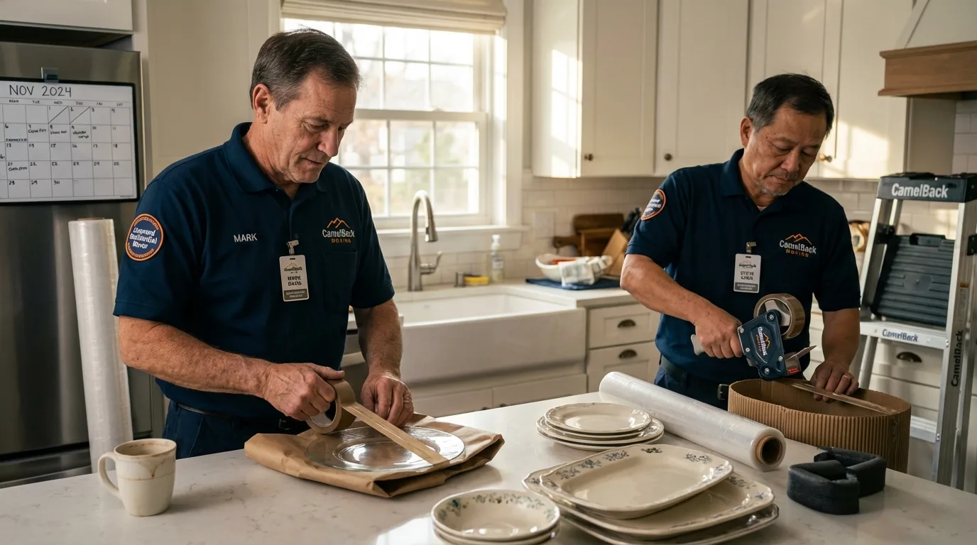 Professional crew packing kitchen dishware in Brockport, NY